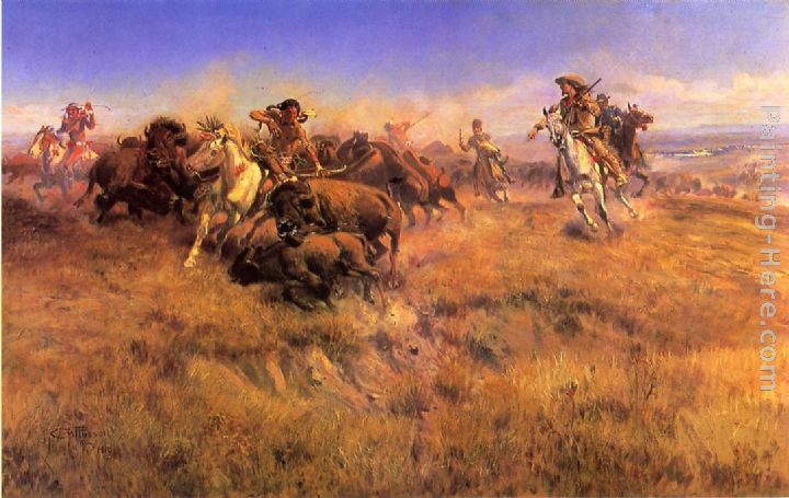 Running Buffalo painting - Charles Marion Russell Running Buffalo art painting